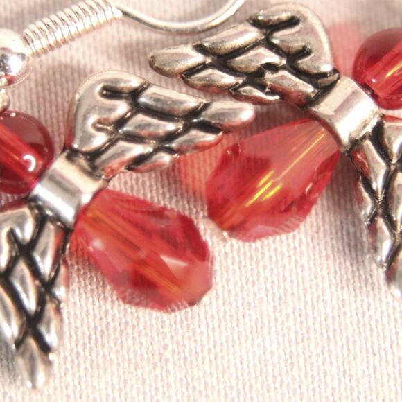 Little Dangling Angel Earrings Pierced Red Faceted Stone Silver Tone - Picture 8 of 9